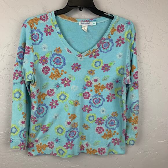 Vtg Fresh Produce Top Womens XXL Blue 3/4 Sleeve Pullover Wildflower V Neck - Picture 1 of 8